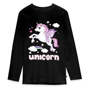 Eenhoorn - Tieners Premium Bio shirt met lange mouwen - zwart - Voor - AI Model Kid Female (0cm)
