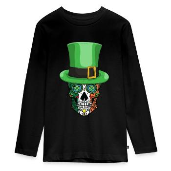 Irish Sugar Skull Funny Leprechaun Hat - Teenager Premium Organic Long Sleeve Shirt - black - Front - AI Model Kid Female (0cm)