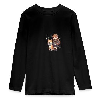 Fille avec chien japonais Shiba Inu - T-shirt manches longues Premium Ado - noir - Devant - AI Model Kid Female (0cm)