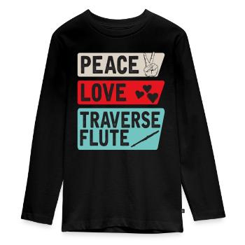 Peace Love Traverse Flute Instrument - Teenager Premium Bio Langarmshirt - Schwarz - Vorne - AI Model Kid Female (0cm)