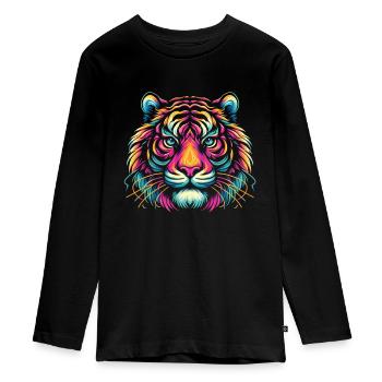 Tiger Gesicht, Bunte Tierkunst, Tiger - Teenager Premium Bio Langarmshirt - Schwarz - Vorne - AI Model Kid Female (0cm)