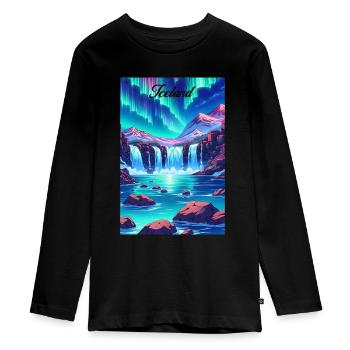 Iceland Aurora Retro Poster Vintage Souvenir - Teenager Premium Organic Long Sleeve Shirt - black - Front - AI Model Kid Female (0cm)