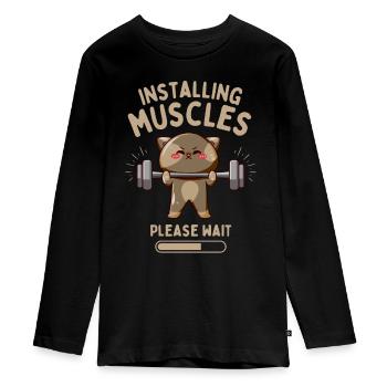 Lustige Katze Fitness Kraftsport - Teenager Premium Bio Langarmshirt - Schwarz - Vorne - AI Model Kid Female (0cm)
