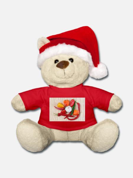 Bunte Chilischoten und Knoblauch - Weihnachtsteddy - Rot