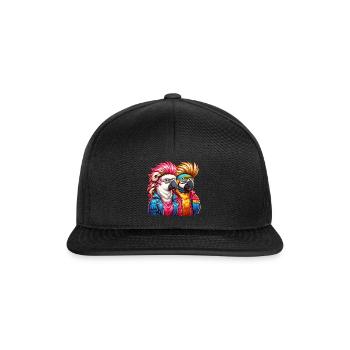 Bunt illustrierte Papageien mit Punkfrisuren - Snapback Cap - Schwarz/Schwarz - Vorne