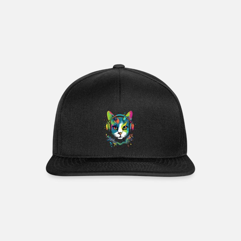 Katze mit Kopfhörern bunte Illustration - Snapback Cap - Schwarz/Schwarz