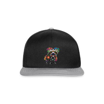 Mops Blumen Skelett Muertos Tag Des Toten - Snapback Cap - Schwarz/Grau - Vorne