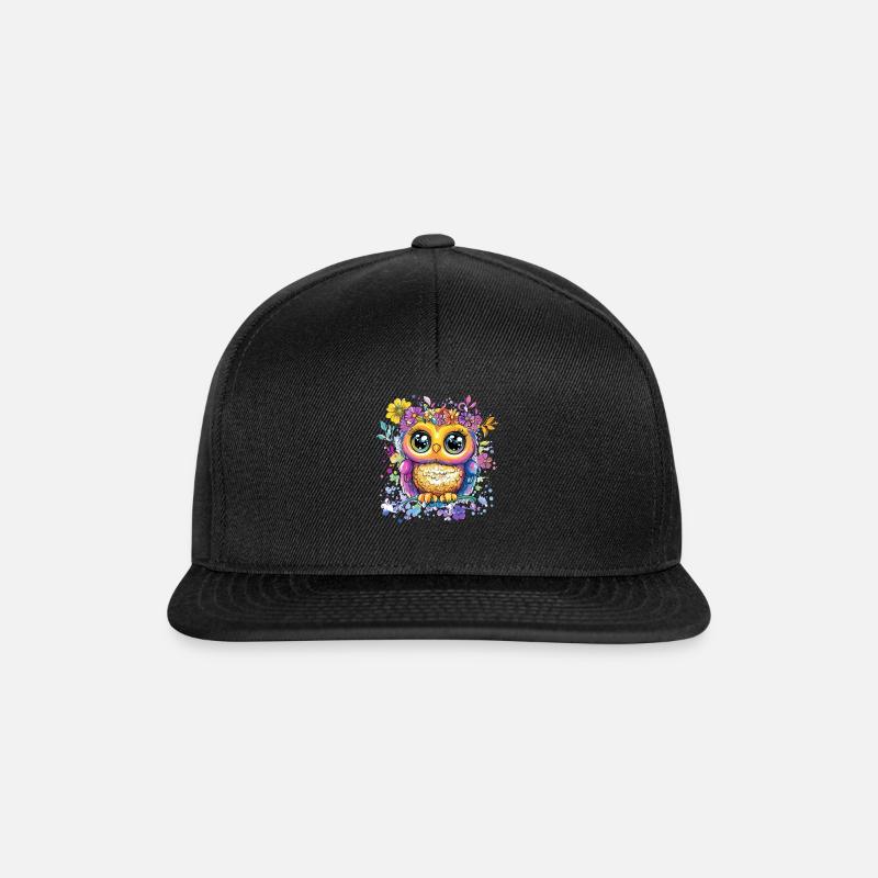 Bunte Eule mit Blüten - Snapback Cap - Schwarz/Schwarz