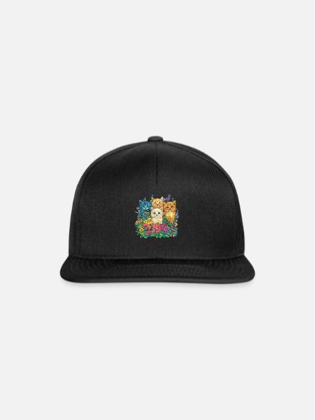 Bunte Katzen im Blumenmeer - Snapback Cap - Schwarz/Schwarz