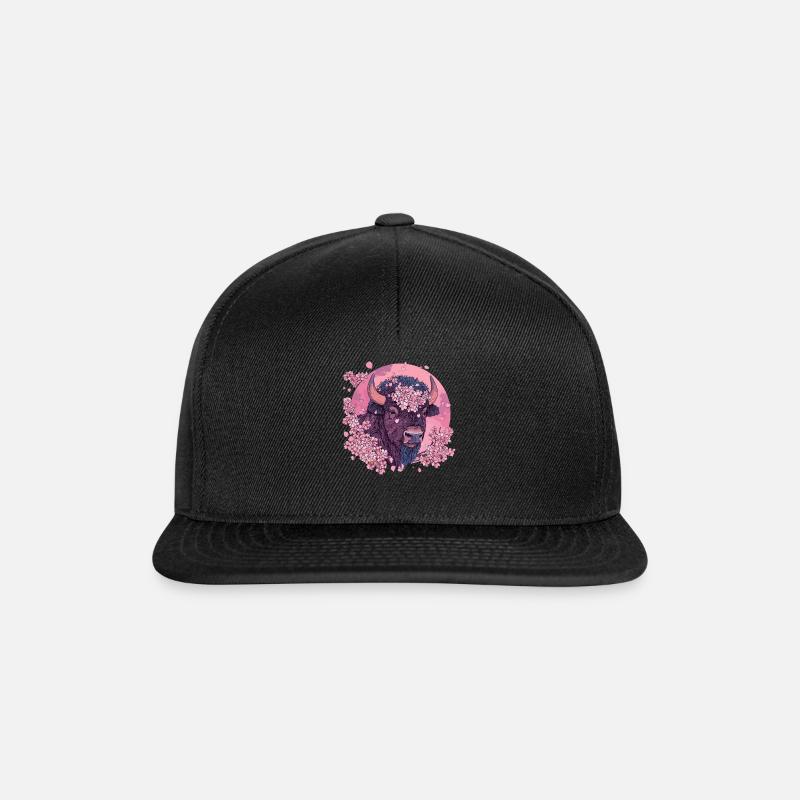 Bison mit Kirschblütenkranz - Snapback Cap - Schwarz/Schwarz