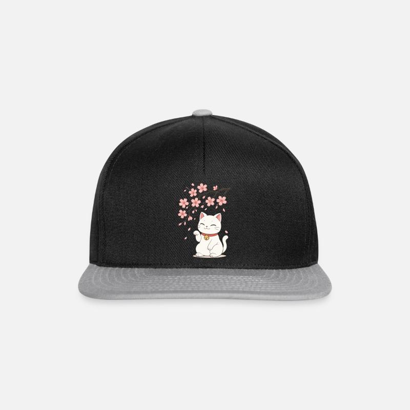 Maneki Neko Katze Glücksbringer Kirschblüten Ast - Snapback Cap - Schwarz/Grau