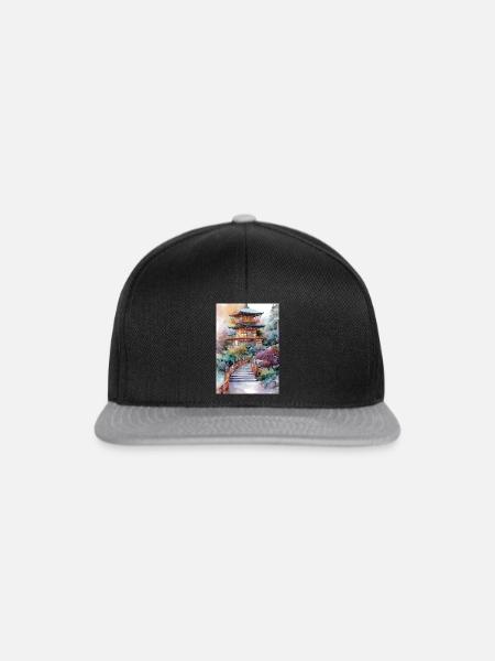 Pagode im Garten in Aquarell - Snapback Cap - Schwarz/Grau