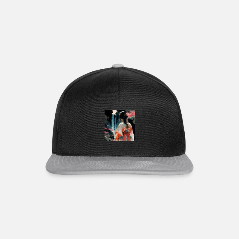Frau im Kimono vor einem Wasserfall - Snapback Cap - Schwarz/Grau