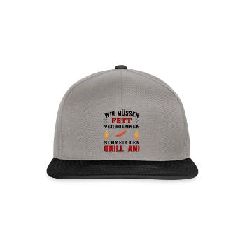 Wir müssen fett Verbrennen - Grill Spruch - Snapback Cap - Graphit/Schwarz - Vorne