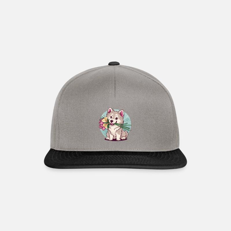 Sweet Samoyed Spitz with Roses and Lillies - Snapback Cap - graphite/black