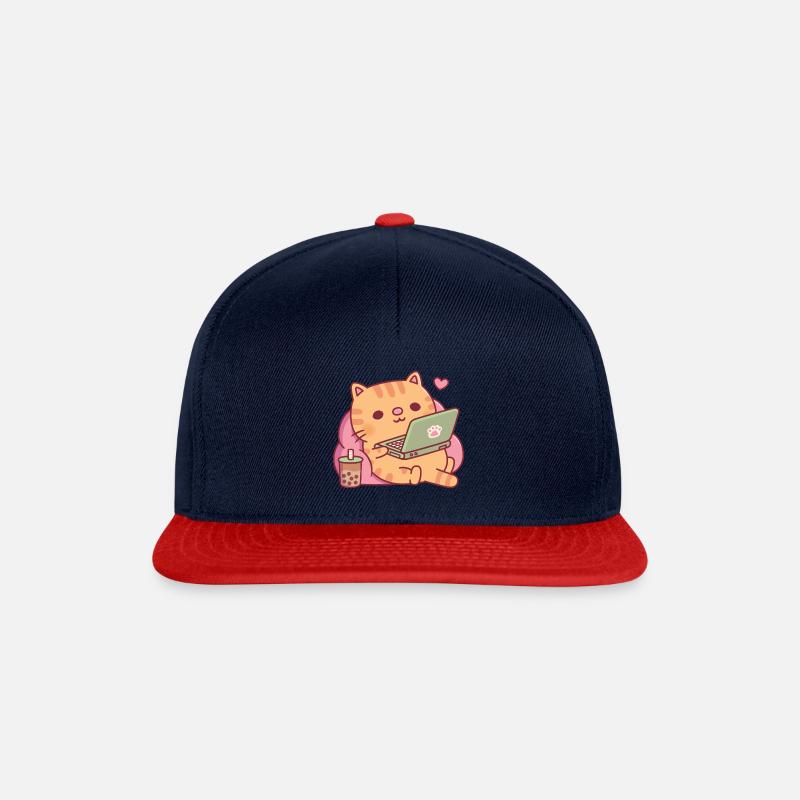 Süße Chill Tabby Katze Mit Laptop Und Bubble Tea - Snapback Cap - Navy/Rot