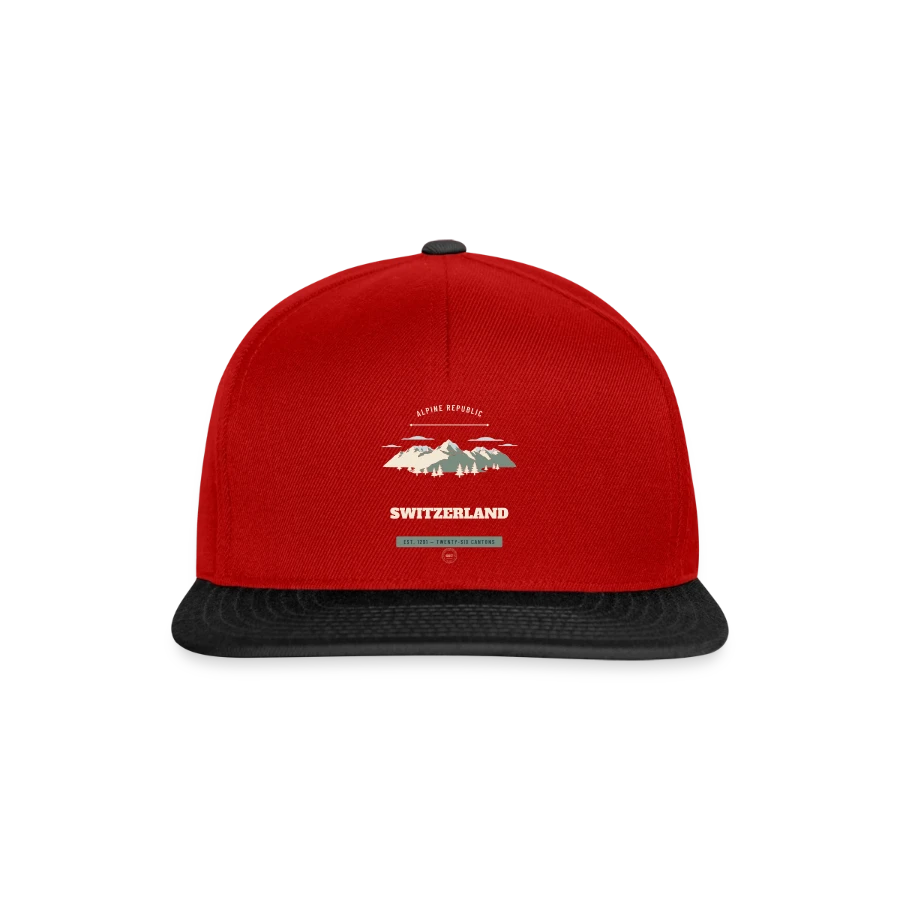 Switzerland badge on a snapback cap, red/black