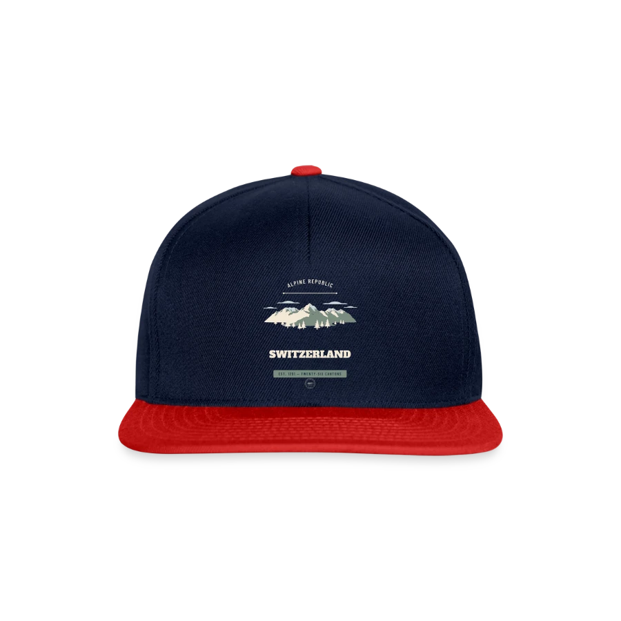 Switzerland badge on a snapback cap, navy/red