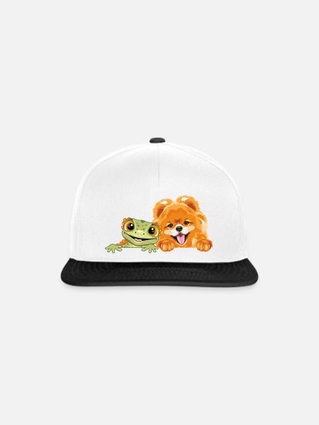 Peeking_Pomeranian_dog_and_funny_smiling_gecko - Snapback Cap - Weiß/Schwarz