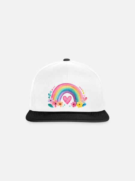 Regenbogen mit Herz & Blumen – Aquarell Liebe - Snapback Cap - Weiß/Schwarz