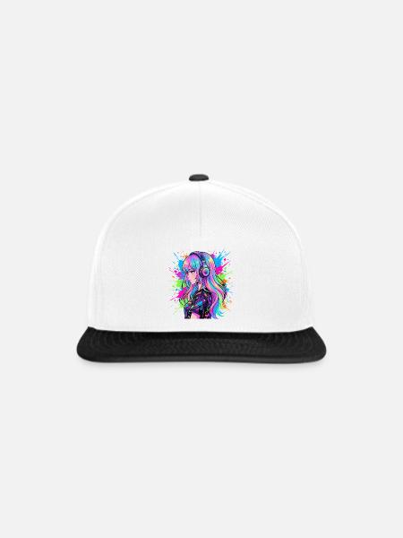 Neon Anime Kopfhörer Portrait - Snapback Cap - Weiß/Schwarz
