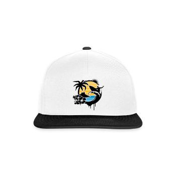 un palmier, fleurs d'hibiscus, une île,une vague - Casquette snapback - blanc/noir - Devant