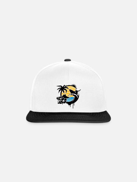Surfing Graffiti -Palme,Hibiskusblüten,Insel,Welle - Snapback Cap - Weiß/Schwarz