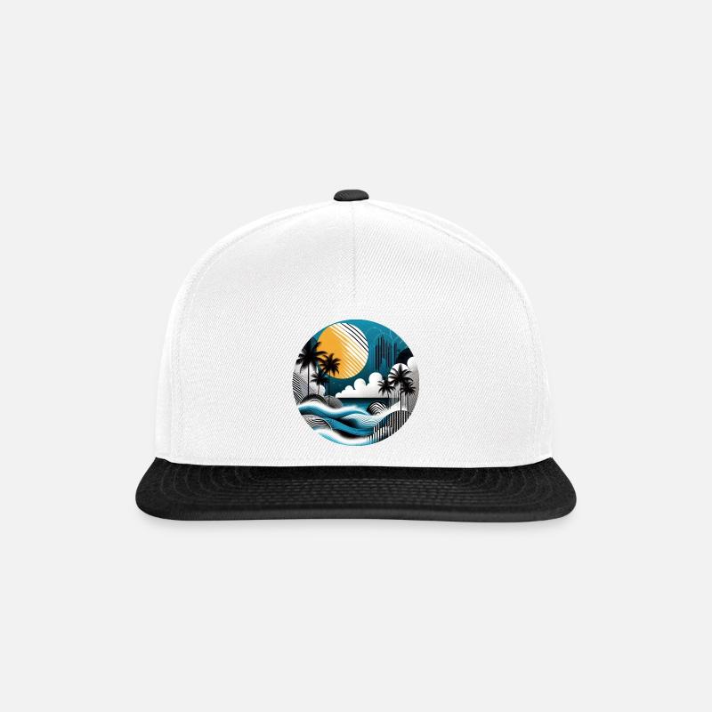 Tropical T-Shirt – Waves, Sun & Palm Tree Design - Snapback Cap - white/black