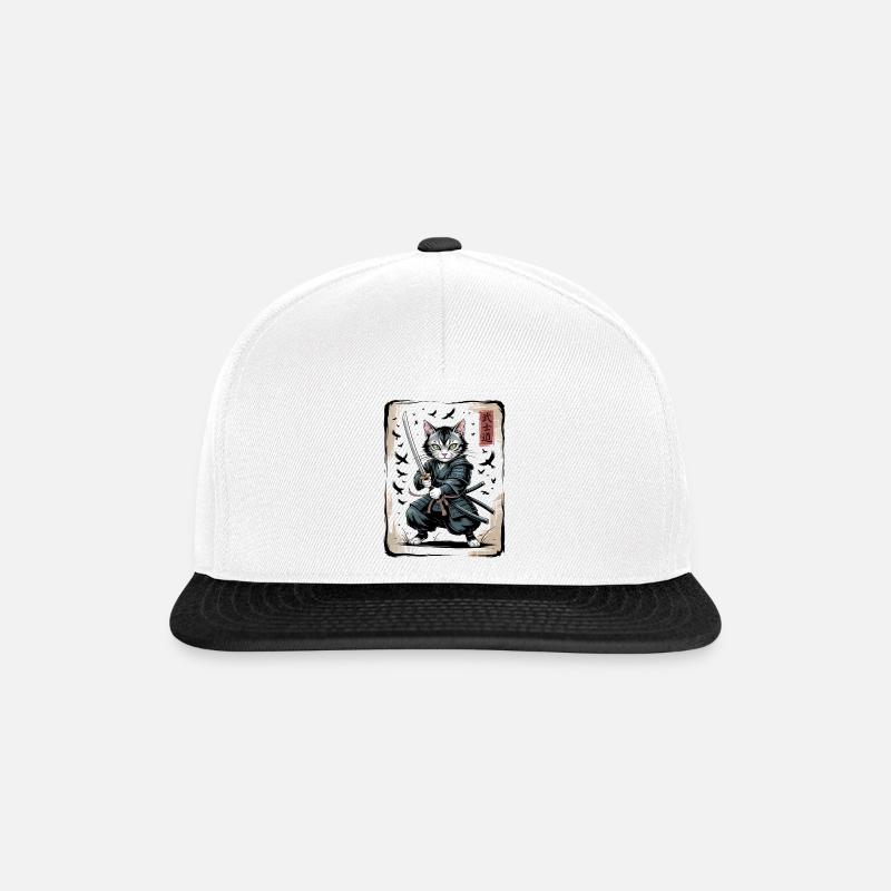 Samurai Katze Vintage Ukiyo-e Krieger Kunst - Snapback Cap - Weiß/Schwarz