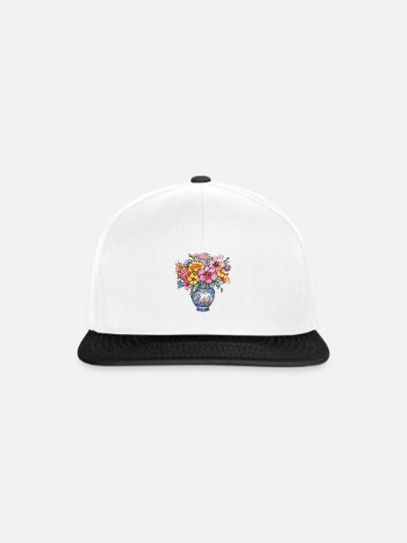 Blumenstrauß in blauer Delft-Vase - Snapback Cap - Weiß/Schwarz