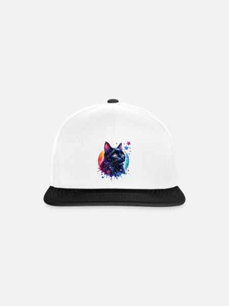 Schwarze Katze Motiv - Snapback Cap - Weiß/Schwarz