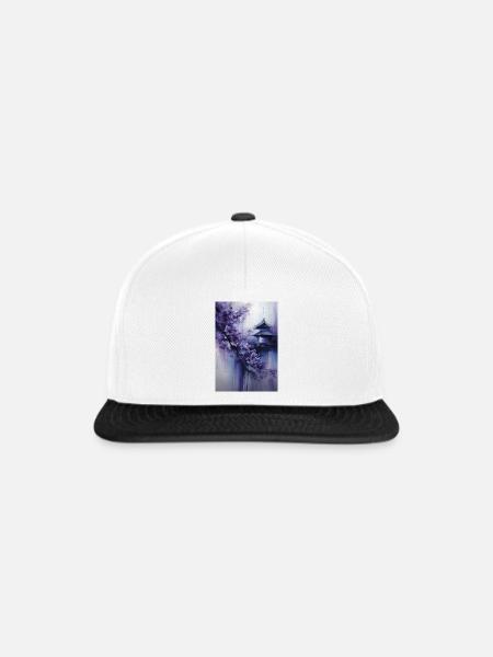 Lila Pagode und Blumen - Snapback Cap - Weiß/Schwarz