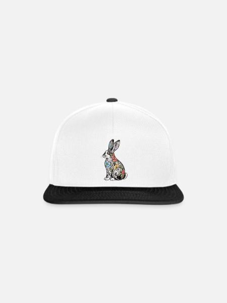 Florales Tattoo-Häschenmotiv - Snapback Cap - Weiß/Schwarz
