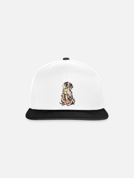 Deutsche Dogge mit Matcha Latte – Kaffeepause - Snapback Cap - Weiß/Schwarz
