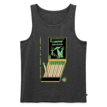 UFO Invasion Vintage Poster Design - Men's Premium Organic Tank Top - heather anthracite - Front - AI Model Male 178 light (178cm)