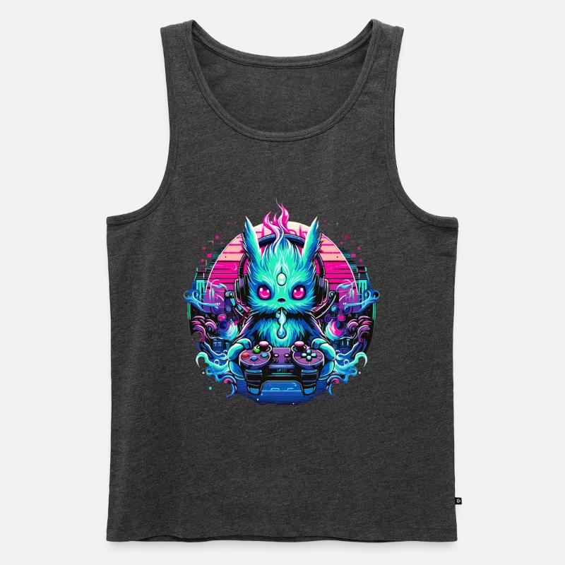Synthwave Zocker Gaming Alien - Männer Premium Bio Tank Top - Anthrazit meliert