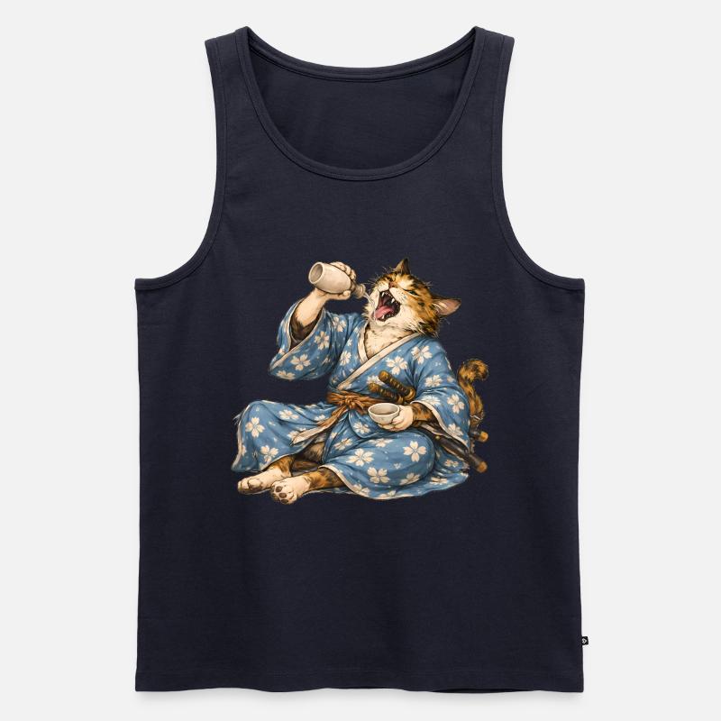 Samurai-Katzen-Sake im japanischen Ukiyo-e-Stil - Männer Premium Bio Tank Top - Navy