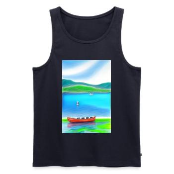 Landscape with lake, boat and mountains - Men's Premium Organic Tank Top - navy - Front - Michal (187cm)