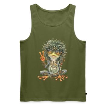 Aquarelle : Grenouille hippie avec le signe de paix - Débardeur bio Premium Homme - kaki - Devant - Michal (187cm)