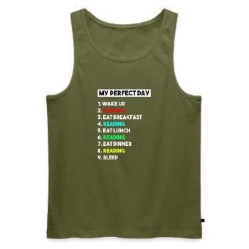 My Perfect Day Reading Funny Bookworm Schedule - Men's Premium Organic Tank Top - khaki - Front - Michal (187cm)