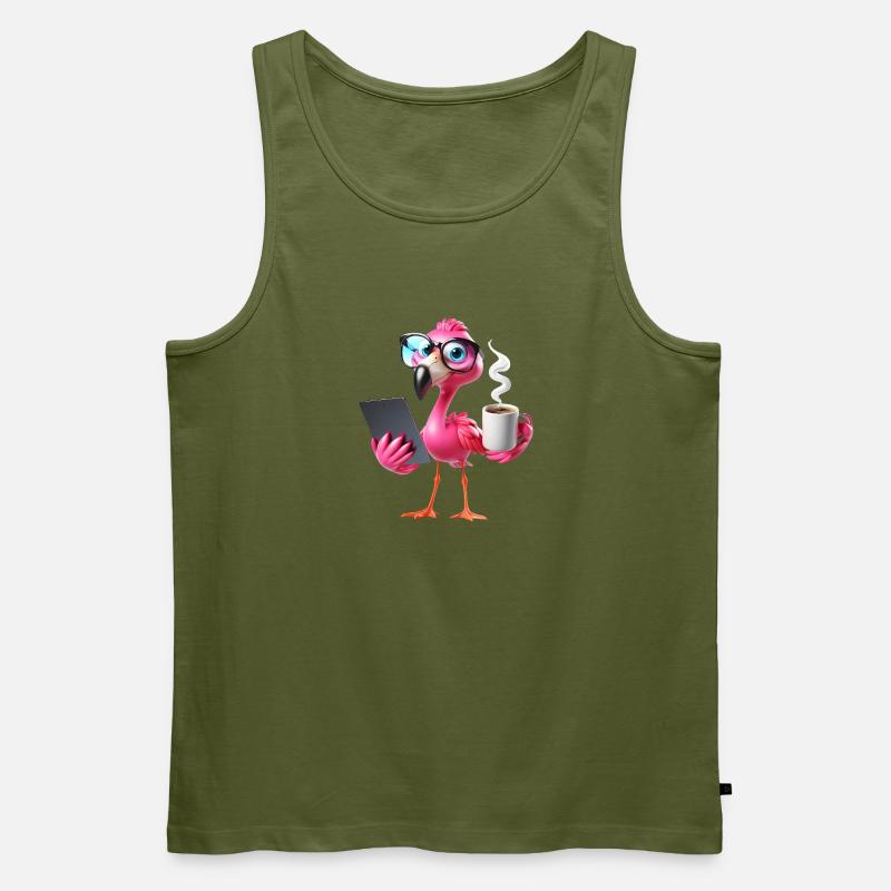 Flamingo im Büro mit Tablet & Kaffee - Männer Premium Bio Tank Top - Khaki