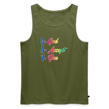GAY God Accept You LGBTQ Christian Pride Art Tee - Men's Premium Organic Tank Top - khaki - Front - Michal (187cm)