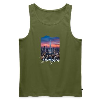 Shenzhen Skyline Evening Light - Men's Premium Organic Tank Top - khaki - Front - Michal (187cm)