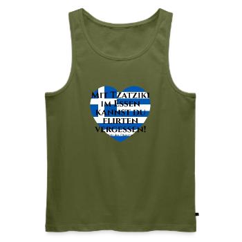 MIT TZATZIKI KANNST DU FLIRTEN VERGESSEN PITAGORAS - Männer Premium Bio Tank Top - Khaki - Vorne - Michal (187cm)