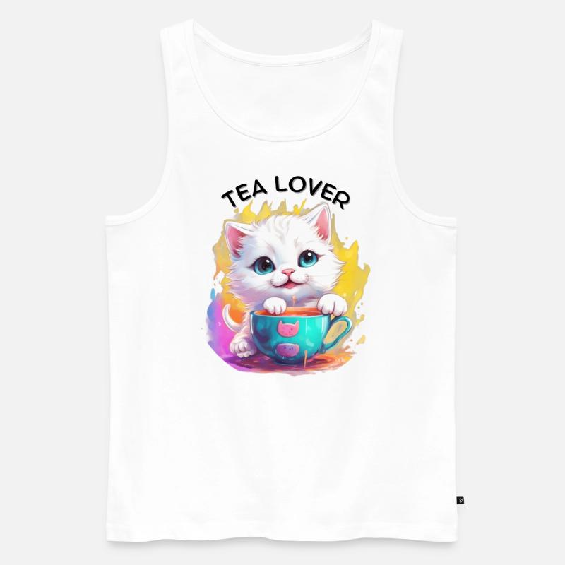 Katze mit Tee - Männer Premium Bio Tank Top - Weiß