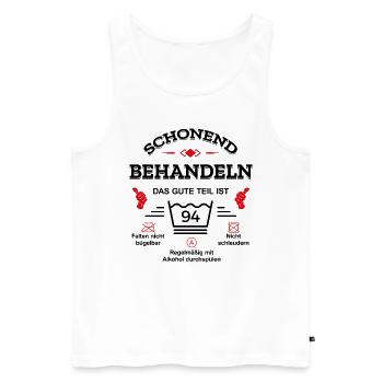 HANDLE MIT SORGFALT – 94 JAHRE PERFEKTION - Männer Premium Bio Tank Top - Weiß - Vorne - Michal (187cm)