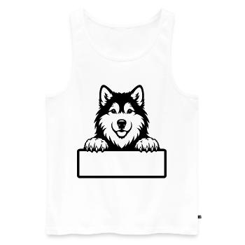 Badge nominatif de chiot Alaskan Malamute noir et blanc - Débardeur bio Premium Homme - blanc - Devant - AI Model Male 178 light (178cm)