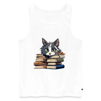 Bibliophile de Chat de la Pile de Livres - Débardeur bio Premium Homme - blanc - Devant - AI Model Male 178 light (178cm)