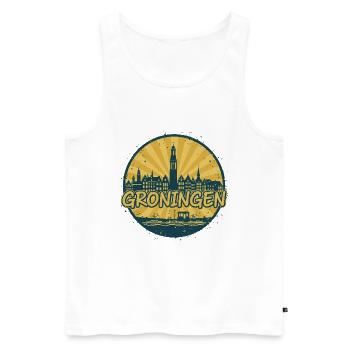 Insigne vintage de la Skyline de la ville de Groningen - Débardeur bio Premium Homme - blanc - Devant - AI Model Male 178 light (178cm)