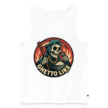 Squelette avec micro et style ghetto - Débardeur bio Premium Homme - blanc - Devant - AI Model Male 178 light (178cm)